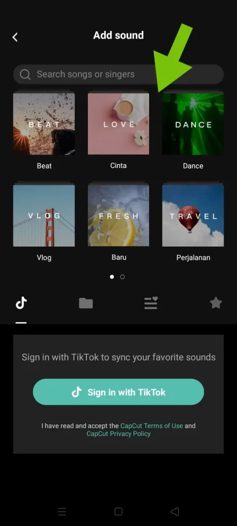 Search the music library and select the music category that suits your video’s, like Warm, Travel, Vlog, Healing, or Rain.